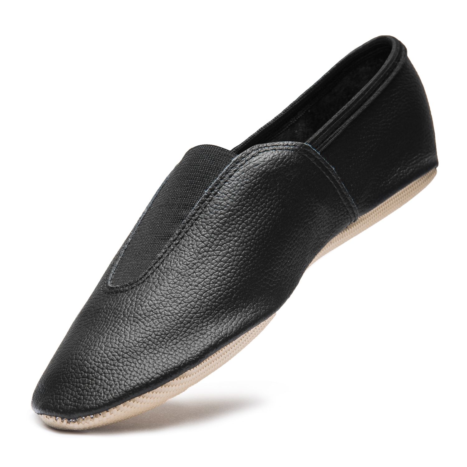 Gymnastikschläppchen aus Leder mit ganzer Gummisohle schwarz